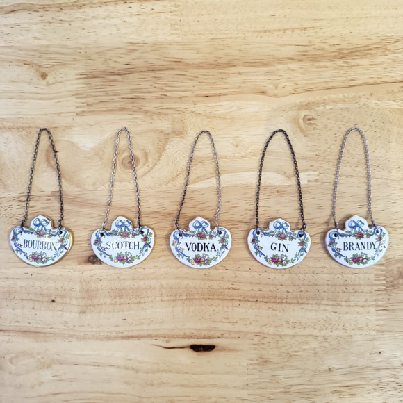 Set Of 5 Vintage Crown Staffordshire England Bone China Bottle Decanter Tags Bow - Picture 1 of 8